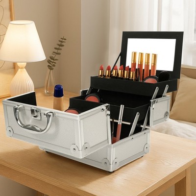 Aluminum Makeup Train Case Jewelry Box Cosmetic Organizer with Mirror 9''x6''x6''