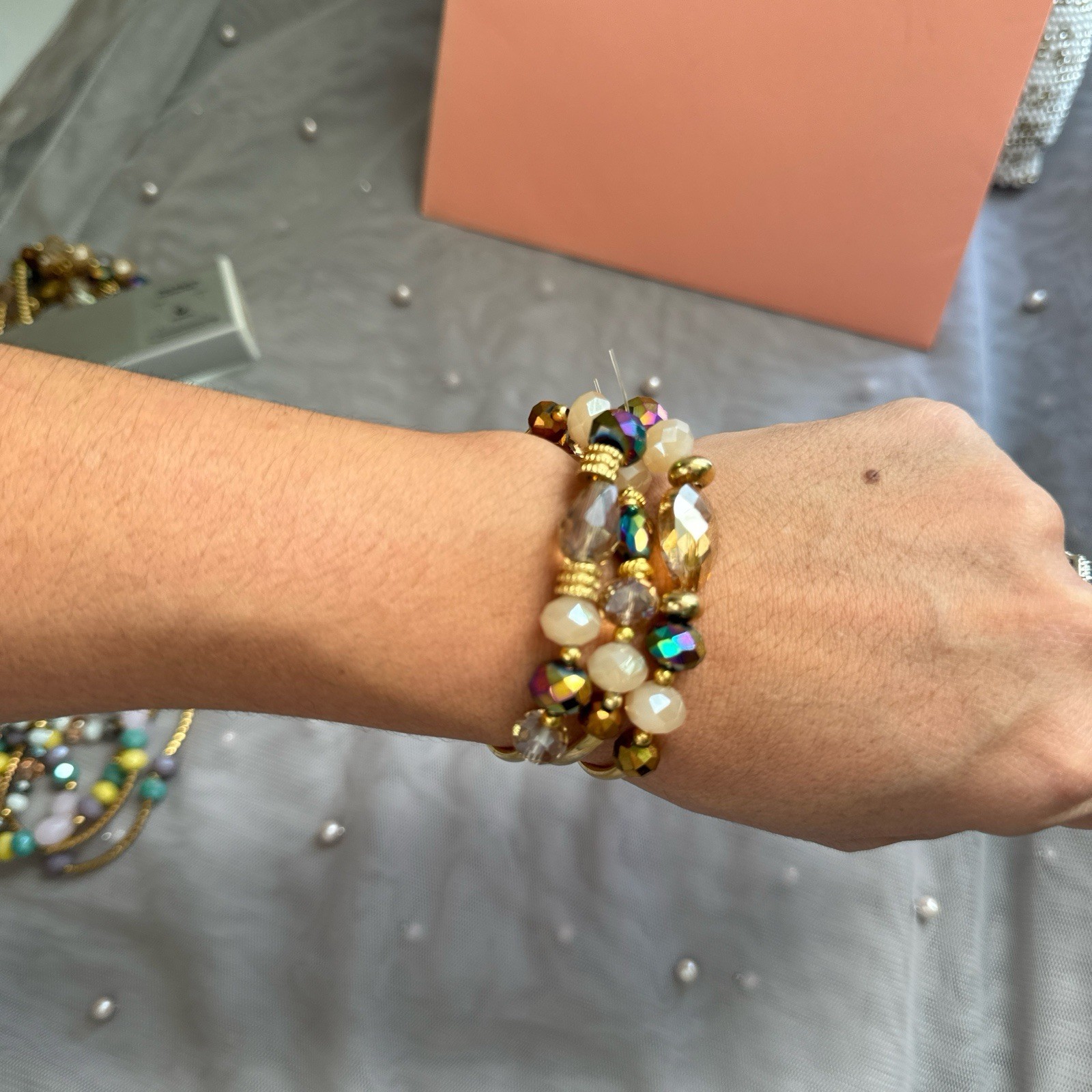 Gold Beaded Bangle Bracelet Stackable Multicolor … - image 3