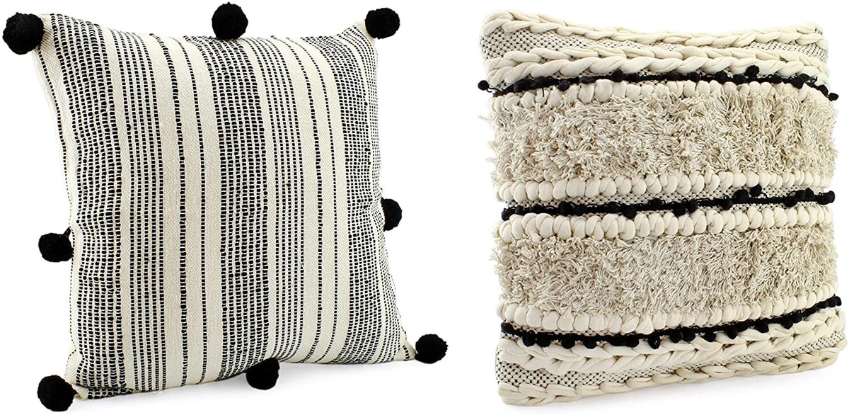 Neutral Pom Pom Pillow, Modern Boho Throw Pillow, Decorative