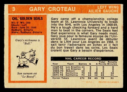 1972-73 O-Pee-Chee Hockey Card #3 Gary Croteau - Picture 2 of 2