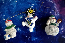 Set of 3 Resin Snowmen Christmas Ornaments - Sports Theme - Fun Holiday Decor
