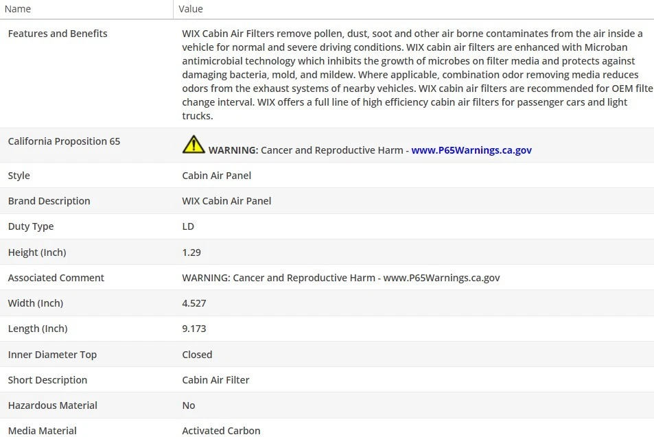 WIX Cabin Air Filter For MINI COOPER COUNTRYMAN 2017-2023 L4-2.0L - Image 3 of 4