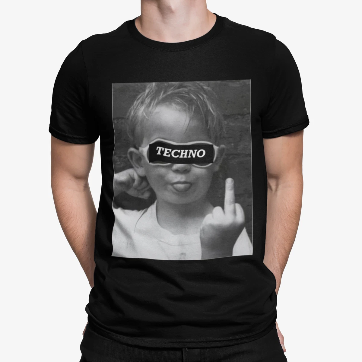 Techno Kid T Shirt Retro Trippy Festival Rave Music Drugs Funny Middle Finger