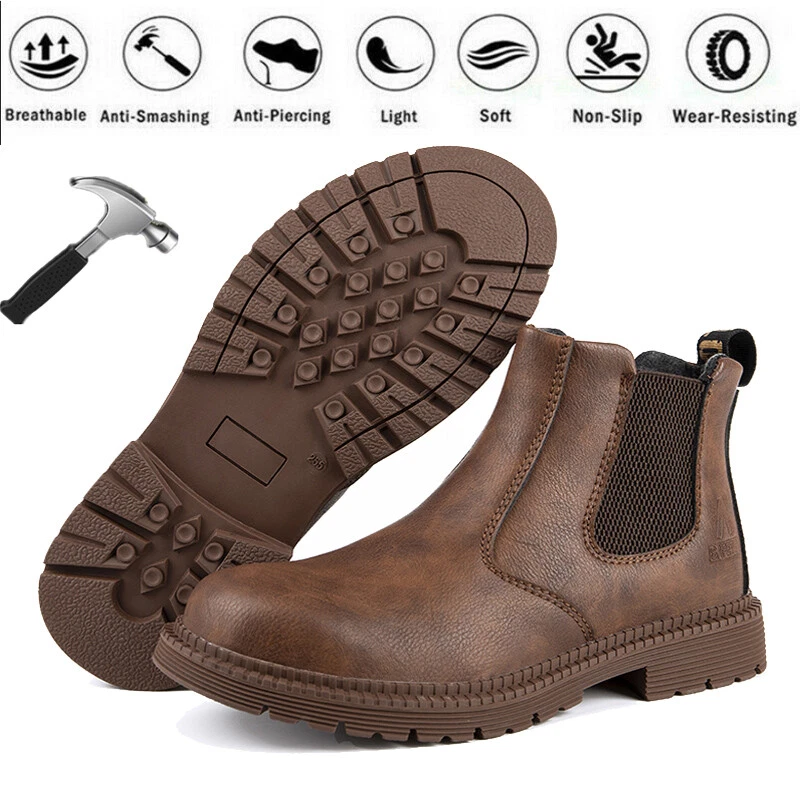Brown Safety Boots Mens Work Shoes Steel Toe Slip on Water-Resistant US size