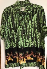 KoKo Island Mens Hawaiian Shirt Sz L Large Green Palm Luau Women Dancing USA