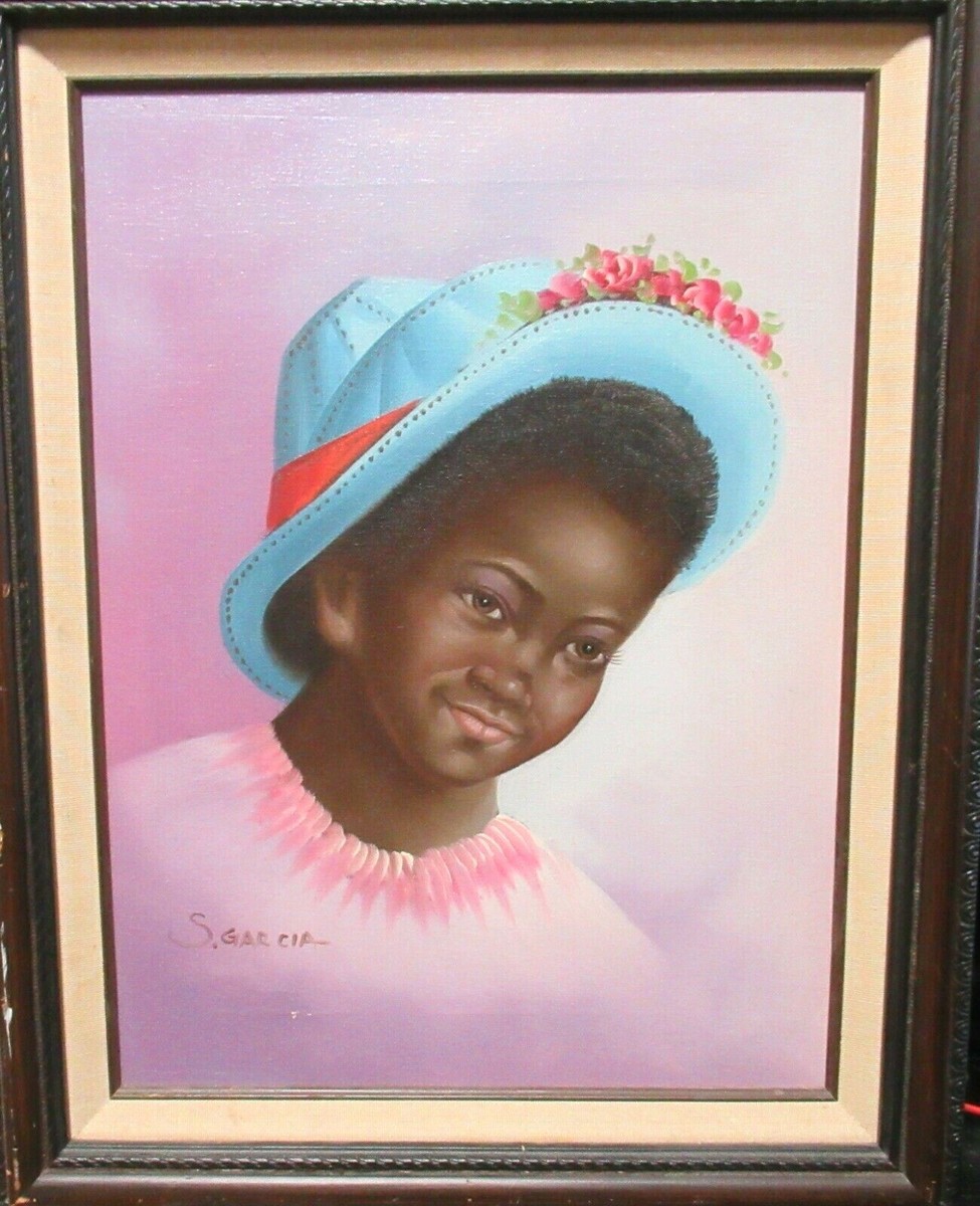 S.GARCIA AFRICAN AMERICAN GIRL WITH A BLUE BONETT OIL ON BOARD
