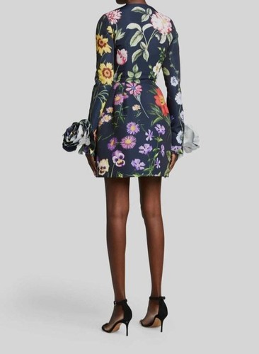 $3990 Oscar de la Renta Women's Blue Silk Floral Belted Line Dress Size 2 - Picture 3 of 5