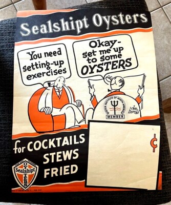 RARE ORIGINAL SEALSHIPT OYSTERS ADV SIGN ILLUSTRATED BY CARTOONIST DON HEROLD