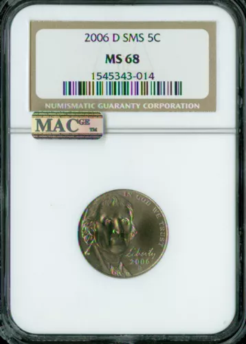 2006 D JEFFERSON NICKEL NGC MS68 SMS PQ 2ND FINEST GRADE MAC SPOTLESS.