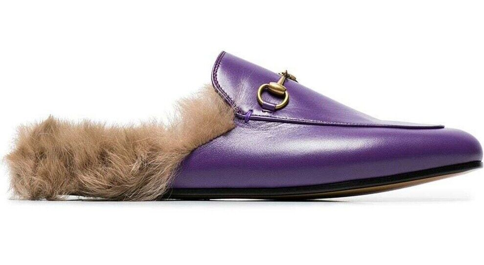 Gucci Princetown Purple Leather Beige Nude Fur Loafer Slide Mule