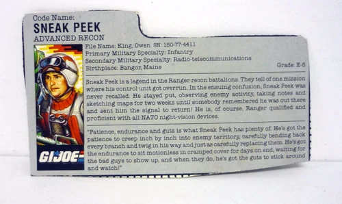 GI Joe Sneak Peek File Card Vintage Action Figure Accessory Part 1987