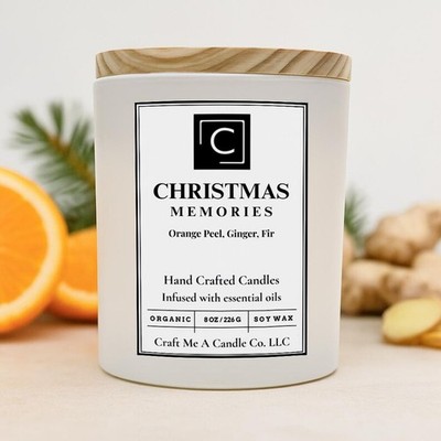 Christmas Memories Candle 8oz Matte Black Jar, Soy Coconut Blend with Wooden Lid