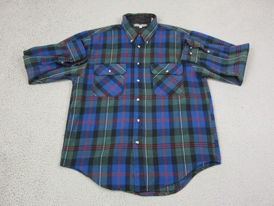 Vintage River Trader Shirt Mens Medium Blue Green Plaid Flannel Quilted Western