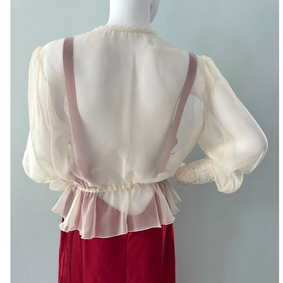 NWD Roger Milot Vintage 70s Edwardian Sheer Lace Cream Peplum Blouse size 16 - Image 2 of 4