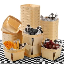 60 Pcs/30 Sets One Pint Wood Berry Basket with Gingham Wax Paper Sheets 4 Inc...