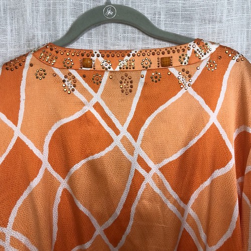 St. John Embellished Top L Silk Blend Peplum Blouse Geometric Print Bell Sleeve - Picture 8 of 13
