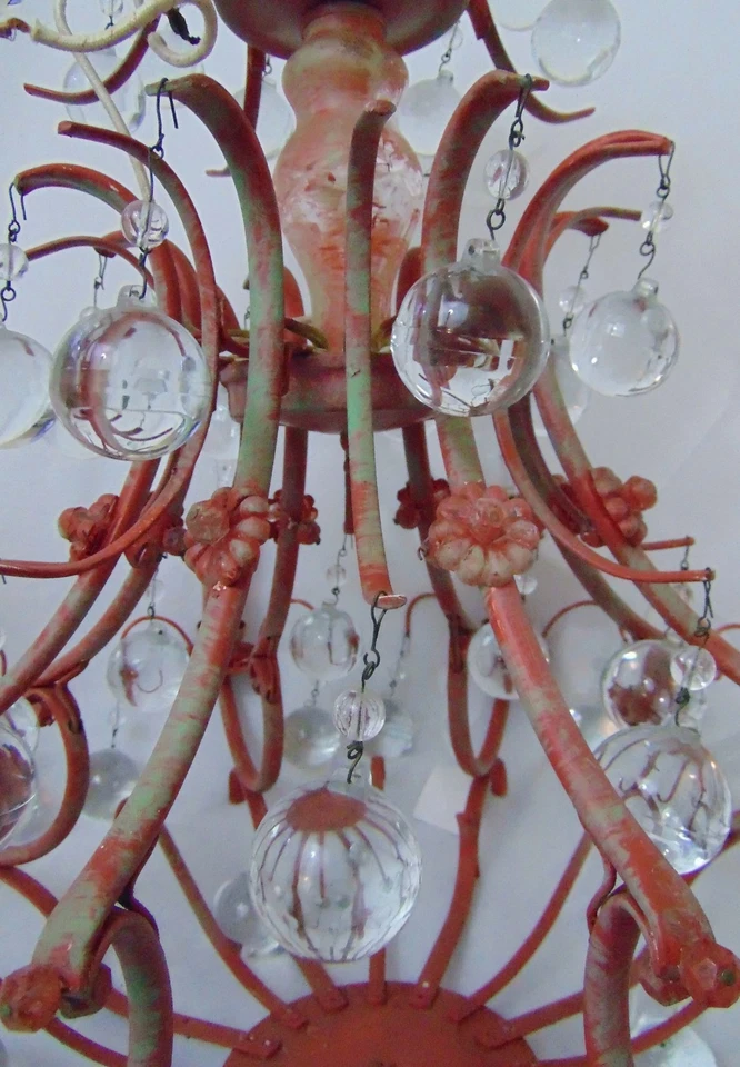 Shabby Chic Red Metal Crystal Ball Chandelier Lighting Lamp Mid C MCM Boho 50's - Image 2 of 4