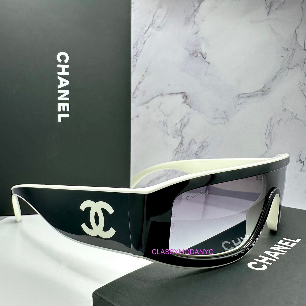 CHANEL Sunglasses NIB Shield Wrap Black & White Gradient Lens
