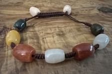 Multicolor Polished Stone Beaded Bracelet Brown Cord Earth Tones Slide Closure