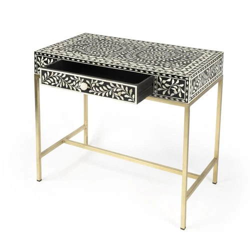 Perilla  Bone Inlay Writing Desk, Black and White, Gold - Picture 12 of 12
