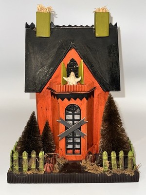 RARE ESC Trading Co Folk Art Cardboard Haunted House Ghost Pumpkin Halloween