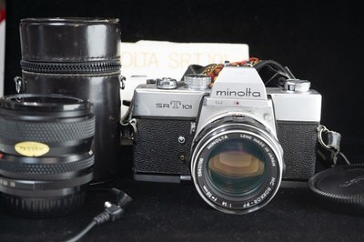 Minolta SRT 101 w/ 58mm f/1.4, 135 f/2.8, 28-50mm 3.5-4.5 Lenses, w/Bag+Manuals