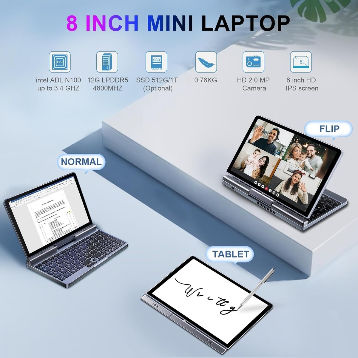 Mini Laptop Portatile 8 Pollici Intel N100 - 12GB DDR5 1TB SSD, Touchscreen 2.5K Con Penna, Win11 Pro, WiFi6, 780g