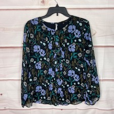 Banana Republic Top Womens M Black Floral Blouse Ruffles Round Neck Long Sleeve