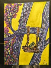 ACEO Bird Tree Swing Unique Yellow Crystal Valentine Original Painting OOAK Art
