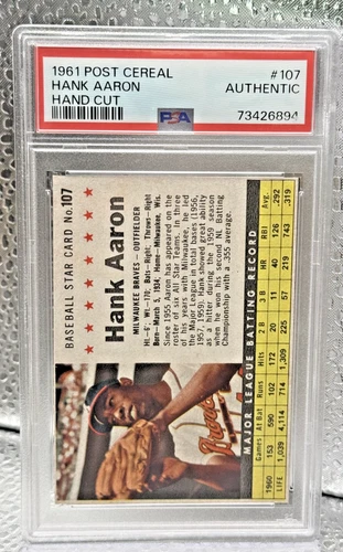 1961 Post Cereal - Hank Aaron #107 Hand Cut PSA Authentic