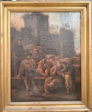 Dipinto Olio Su tela Del XVII Secolo Raffigurante Viandanti , Olio Antico