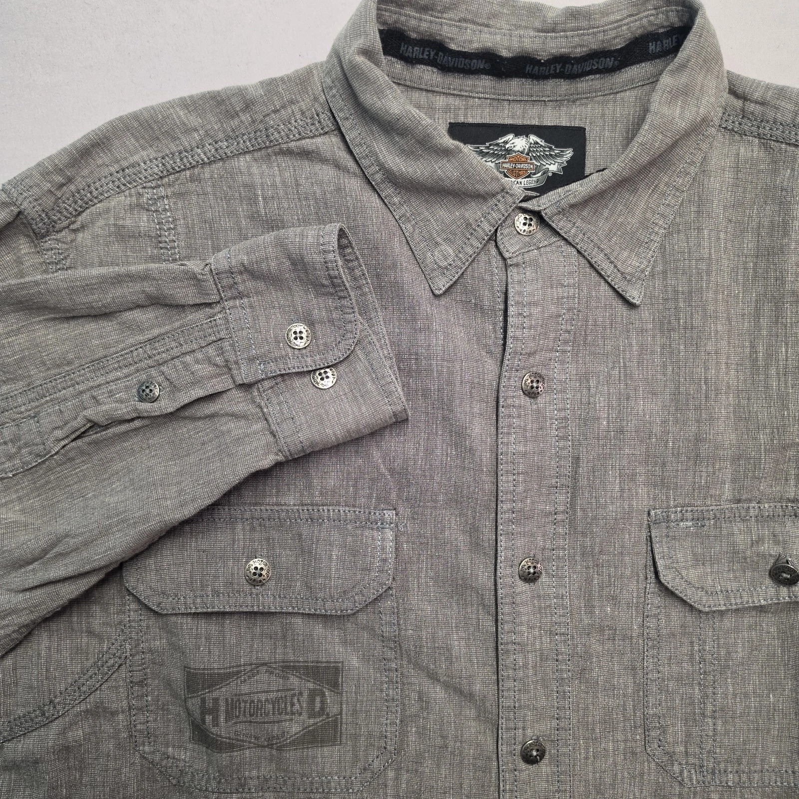 Harley-Davidson Men's Gray Linen Cotton Long Sleeve Button-Up Shirt L Pockets