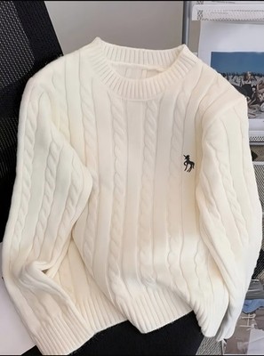 Autumn Winter Lazy Style Embroidered Round Neck Cable Knit Sweater for Women