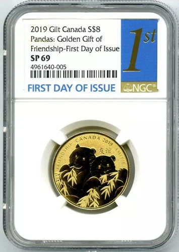 2019 $8 CANADA GOLD PLATE GILT SILVER NGC SP69 GOLDEN PANDA FIRST DAY ISSUE