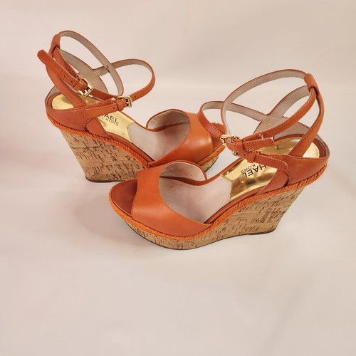Michael Kors Platform Cork Wedges Heel Brown Leather Sandals 6.5M