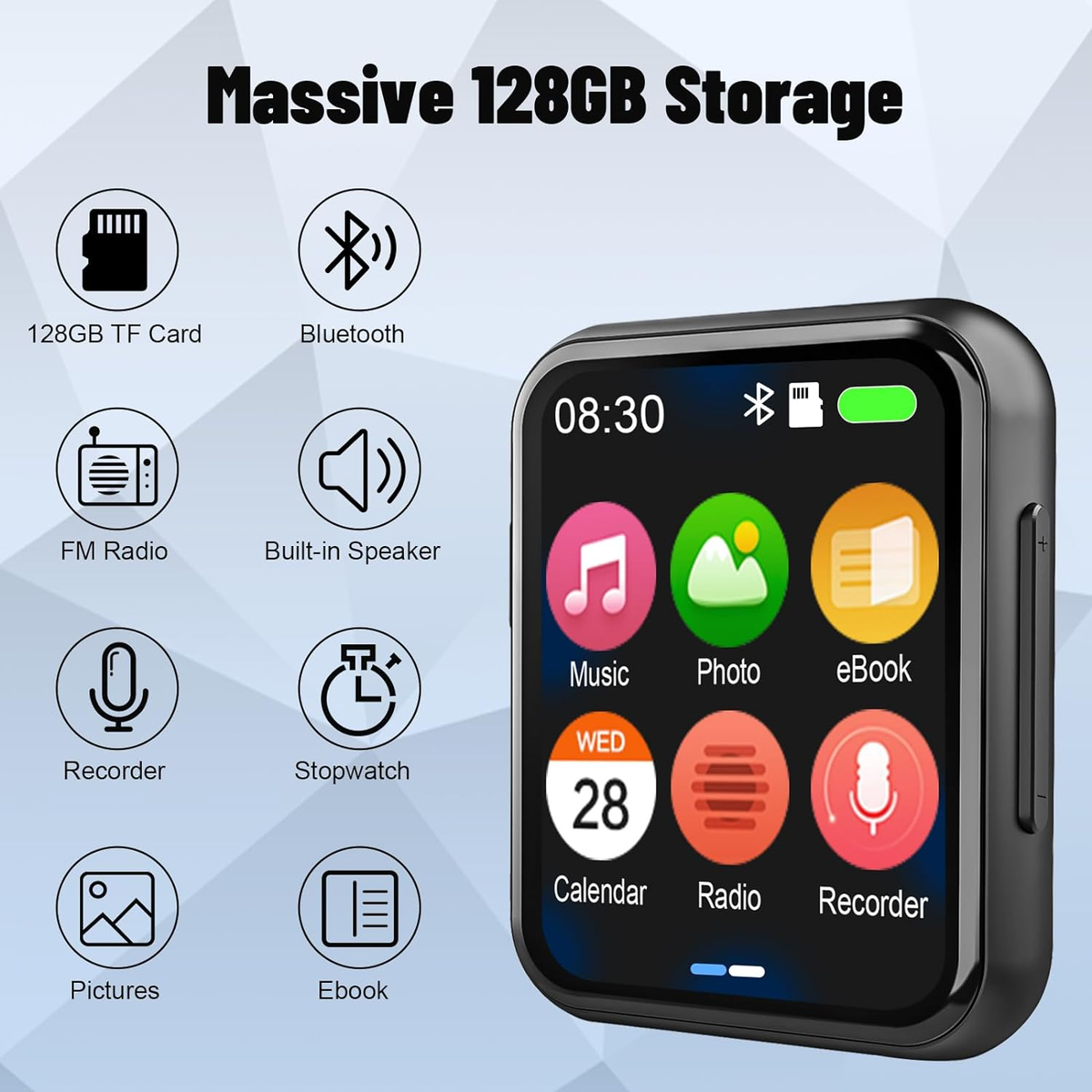 128GB MP3-Player Mit Bluetooth 5.3 – Tragbar, HiFi-Sound, 2 Zoll Touchscreen, Lautsprecher, FM-Radio