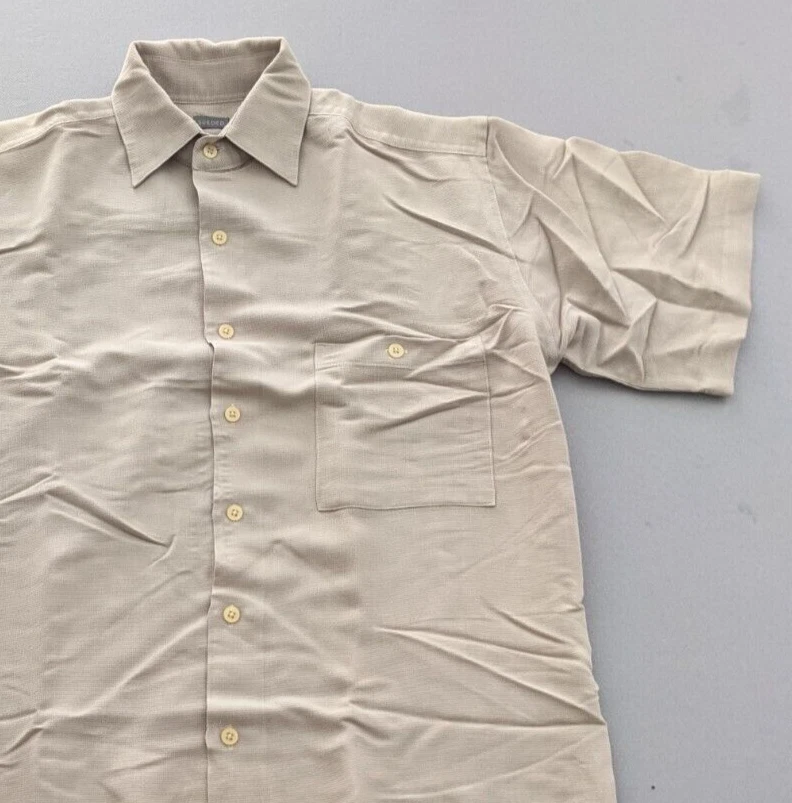 Bruno Size SMALL Men Sueded Short Sleeve Button Up Shirt Beige Retro Viscose EUC - Image 2 of 4