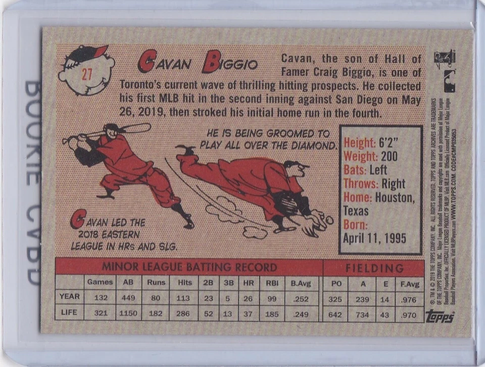 CAVAN BIGGIO ROOKIE CARD 2019 Topps Archives Baseball TORONTO BLUE JAYS RC - Image 2 of 2