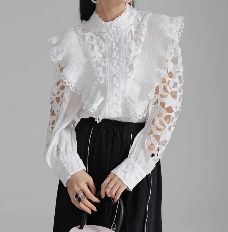 Ladies Ivory White Vtg Victorian Smart Crochet Shirt Designer Blouse size  8 10 - Image 3 of 4