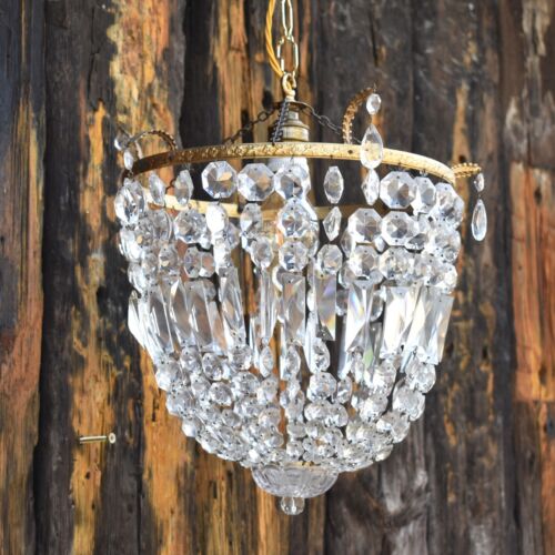 Antyczny vintage ołowiowy kryształ połysk kropla sufitowa lampa kosz żyrandol - Zdjęcie 1 z 8