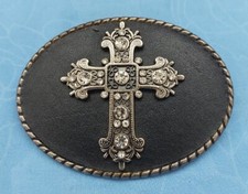 Vintage Leather Backed Belt Buckle With Cross With Rhinestones Pre-Owned