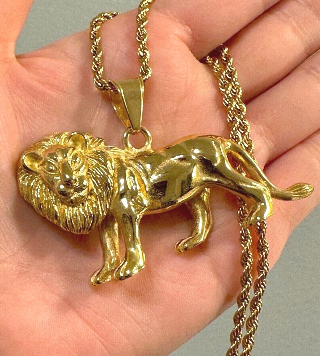 14k Gold Men's Solid Lion Evil Eye Charm Pendant Necklace