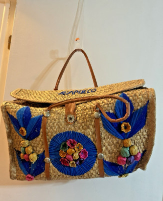 Acapulco Straw Woven Large Shopper Tote Picnic Basket Beach Bag 3D Flowers