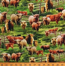 Cotton Highlands Cows Farm Animals Cattle Green Fabric Print by the Yard D370.88