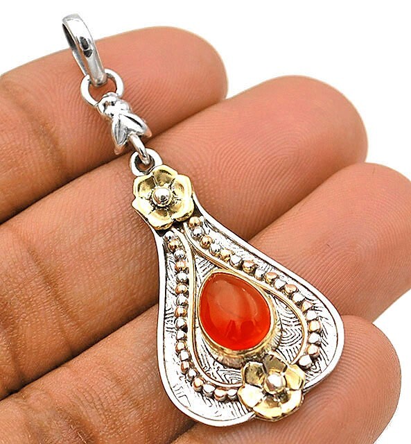 Natural Three-Tone Orange Carnelian Pendant in 925 Sterling Silver