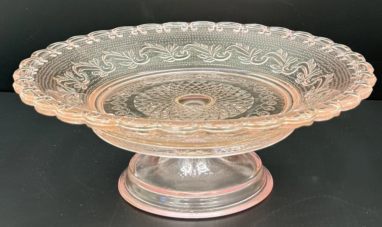 VTG Pink Sandwich Glass Pedestal Dessert Plate Stand 10.5" x 3.75" tall