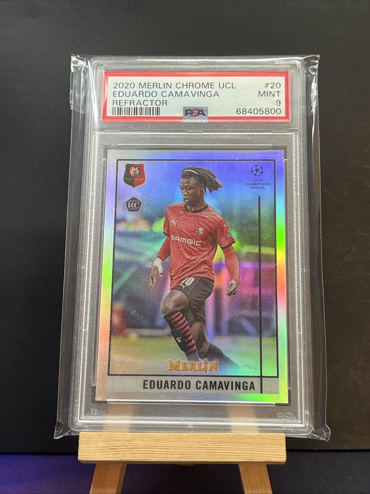 2020-21 TOPPS CHROME MERLIN UEFA #20 EDUARDO CAMAVINGA RC REFRACTOR MADRID PSA 9