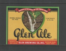 1930s GLEN ALE UNUSED BEER BOTTLE IRTP LABEL WATKINS GLEN NY