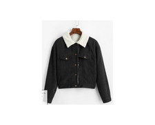 Women's Cropped Corduroy Fur Lined Jacket - Black Size Us 10 Nwt