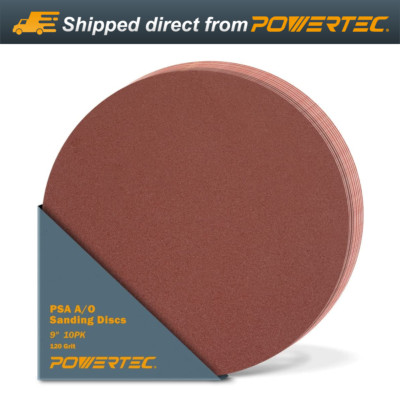 POWERTEC 110590 9'' PSA 120 Grit Aluminum Oxide Adhesive Sanding Disc, Pack of 10